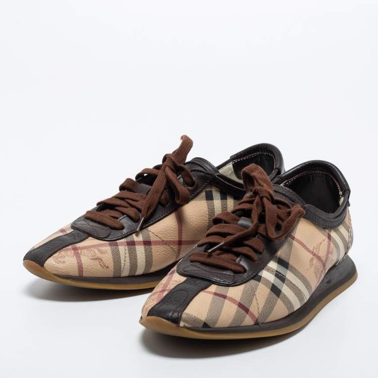 Pre Owned Burberry Beige/Brown Nova Check Leather Low Top Sneakers Size 38
