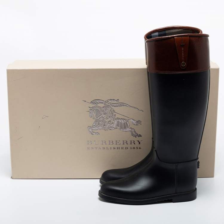 Pre Owned Burberry Black/Brown Rubber and Leather Rain  Boots Size 37