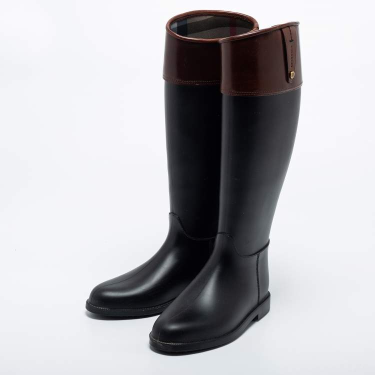 Pre Owned Burberry Black/Brown Rubber and Leather Rain  Boots Size 37