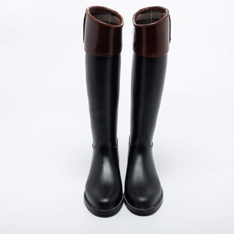 Pre Owned Burberry Black/Brown Rubber and Leather Rain  Boots Size 37