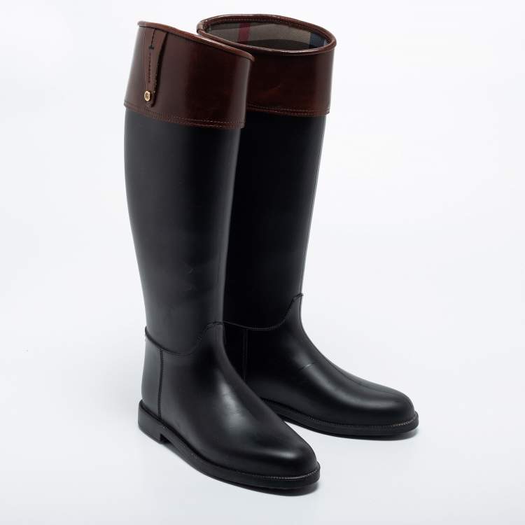 Pre Owned Burberry Black/Brown Rubber and Leather Rain  Boots Size 37