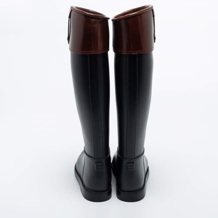 Pre Owned Burberry Black/Brown Rubber and Leather Rain  Boots Size 37