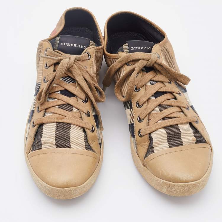 Pre Owned Burberry Beige/Brown Nova Check Canvas and Leather Low Top Sneakers Size 39
