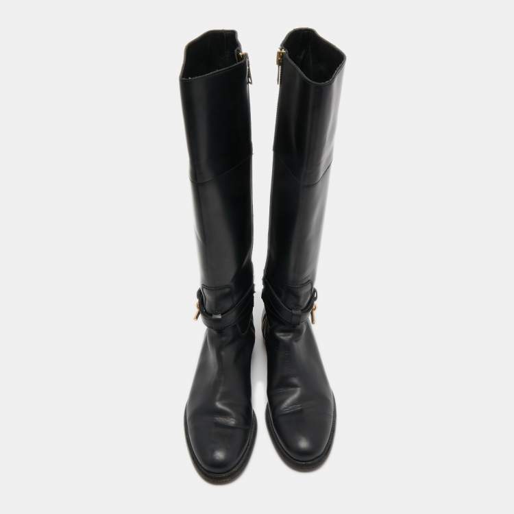 Pre Owned Burberry Black Leather Heritage Midcalf Boots Size 37