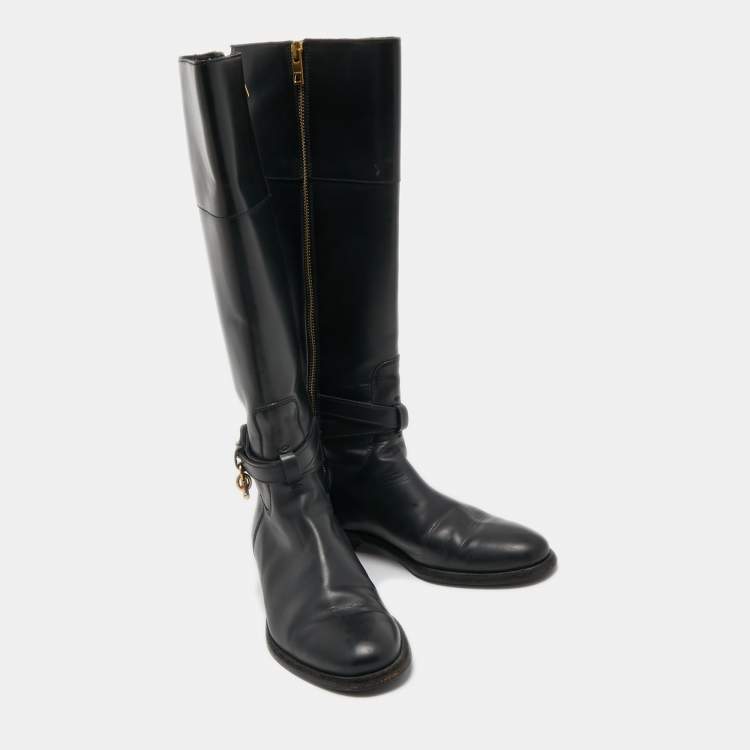 Pre Owned Burberry Black Leather Heritage Midcalf Boots Size 37