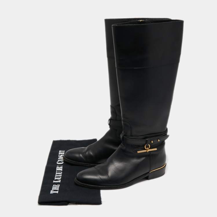 Pre Owned Burberry Black Leather Heritage Midcalf Boots Size 37