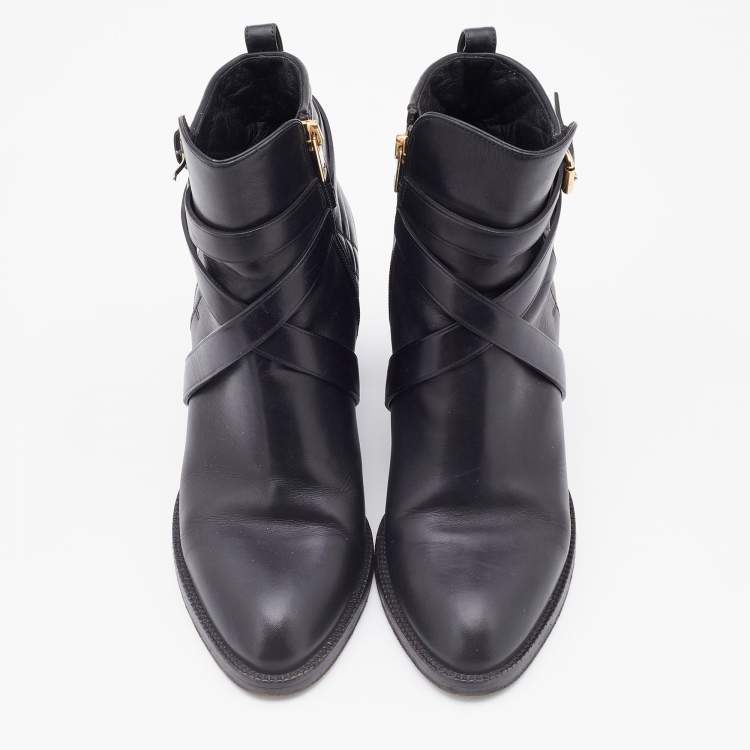 Pre Owned Burberry Black Quilted Leather Buckle Ankle Length Boots Size 39