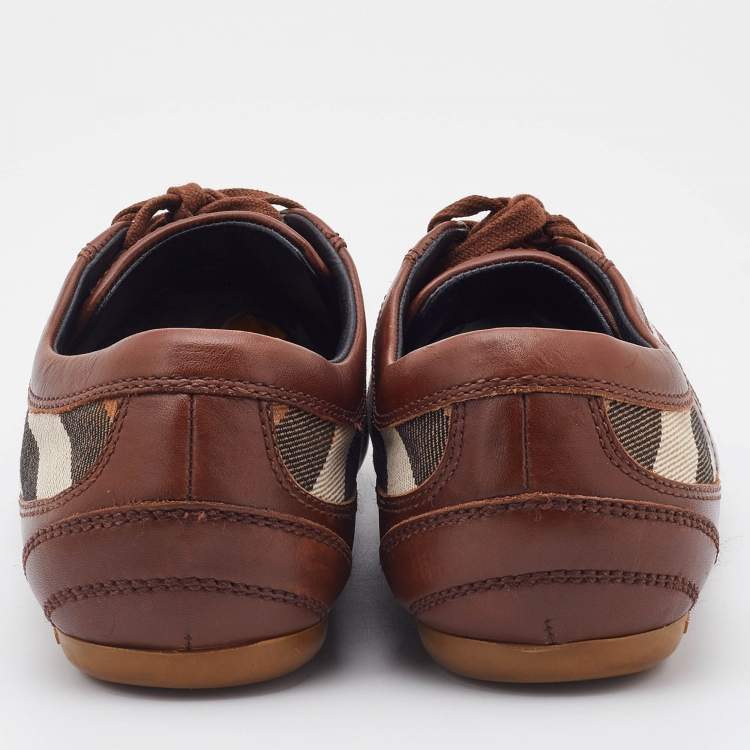 Pre Owned Burberry Brown/Beige Leather and Nova Check Canvas Low Top Sneakers Size 37
