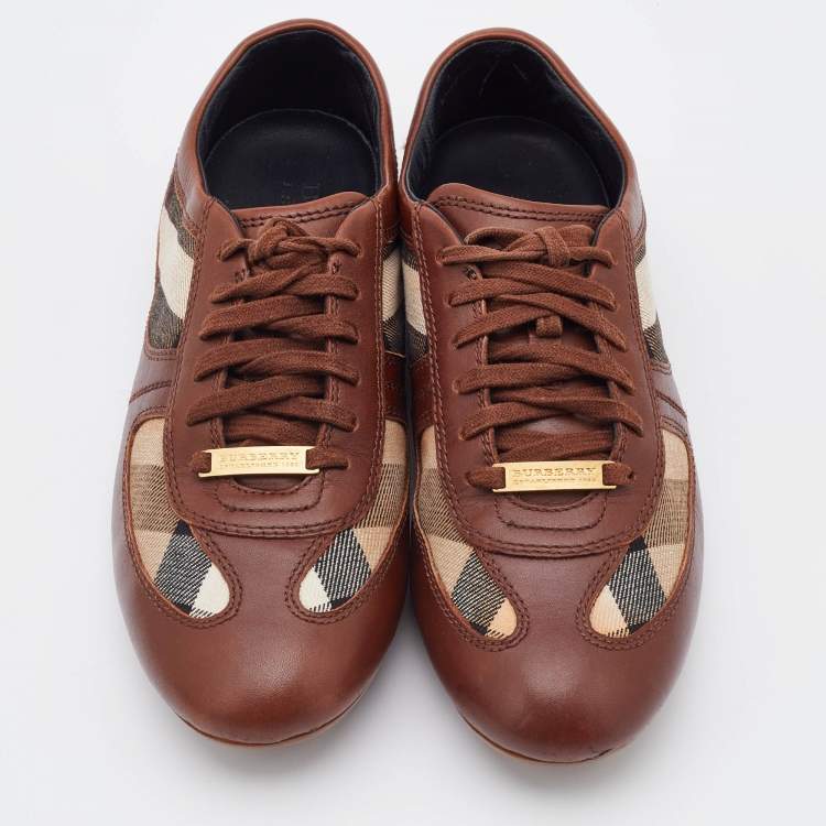 Pre Owned Burberry Brown/Beige Leather and Nova Check Canvas Low Top Sneakers Size 37