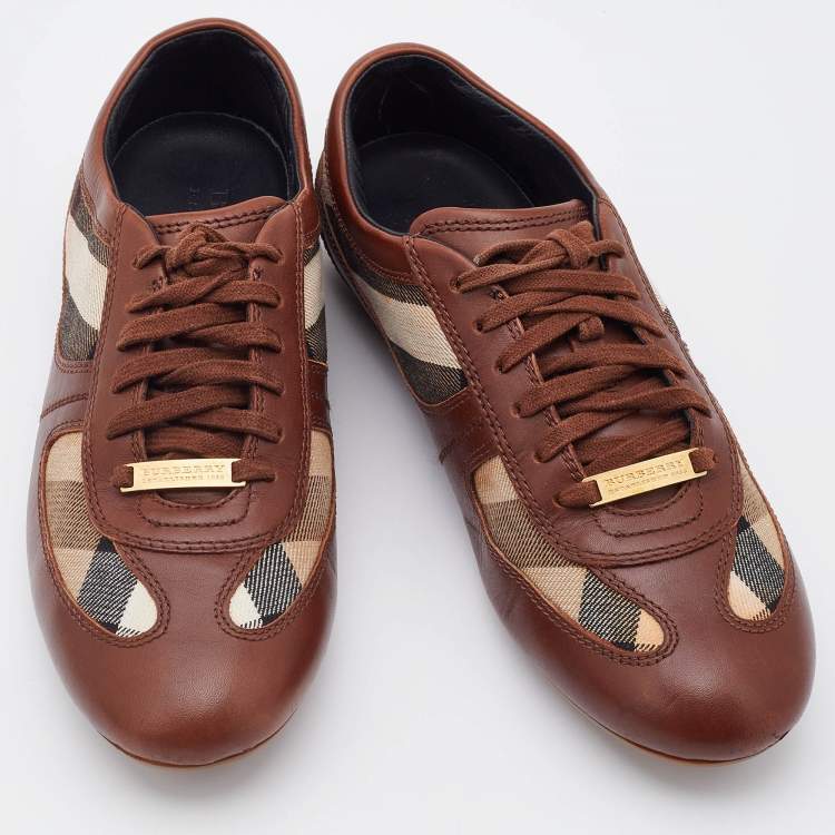 Pre Owned Burberry Brown/Beige Leather and Nova Check Canvas Low Top Sneakers Size 37