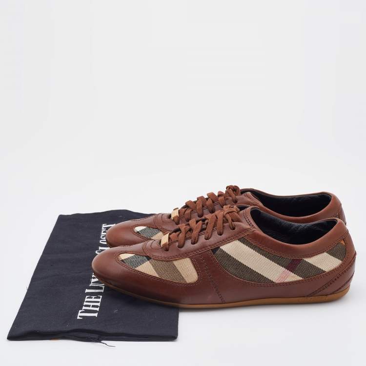 Pre Owned Burberry Brown/Beige Leather and Nova Check Canvas Low Top Sneakers Size 37