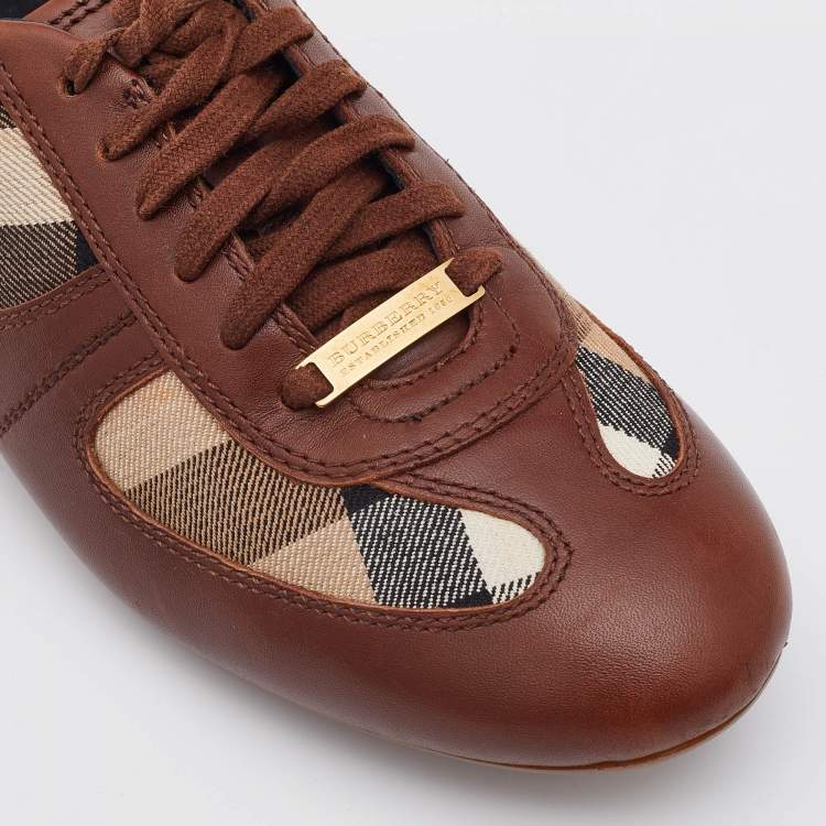 Pre Owned Burberry Brown/Beige Leather and Nova Check Canvas Low Top Sneakers Size 37