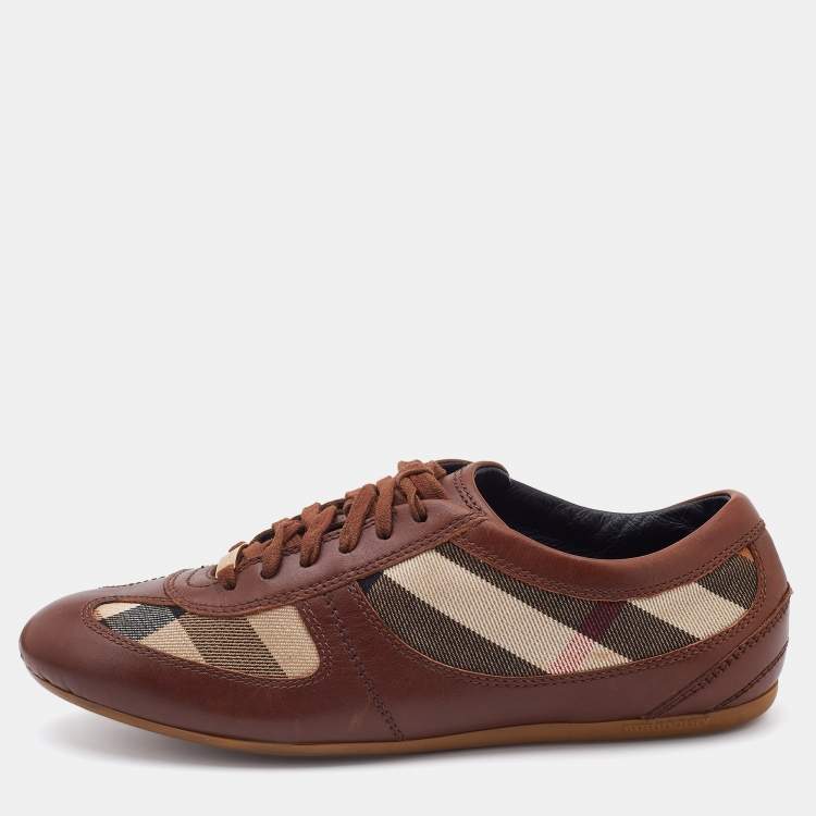 Pre Owned Burberry Brown/Beige Leather and Nova Check Canvas Low Top Sneakers Size 37