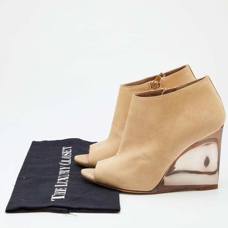 Pre Owned Burberry Beige Nubuck Leather Open Toe Wedge Booties Size 37