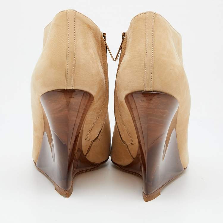 Pre Owned Burberry Beige Nubuck Leather Open Toe Wedge Booties Size 37