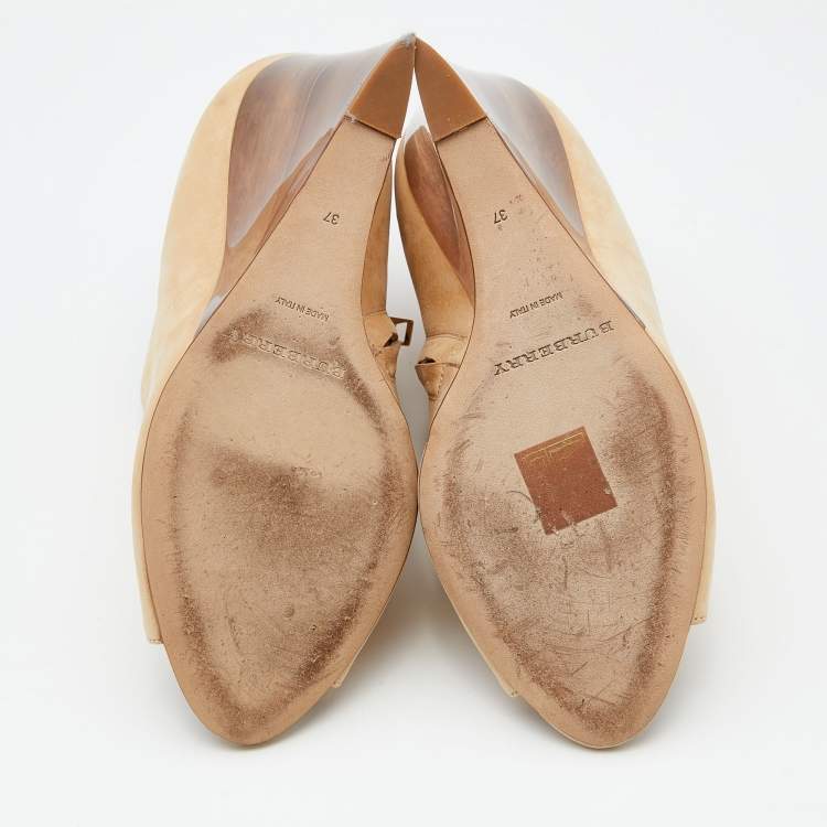 Pre Owned Burberry Beige Nubuck Leather Open Toe Wedge Booties Size 37