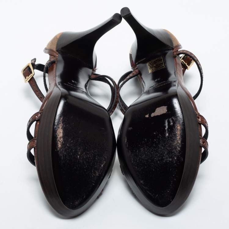 Pre Owned Burberry Brown Leather T Strap Sandal Size 38