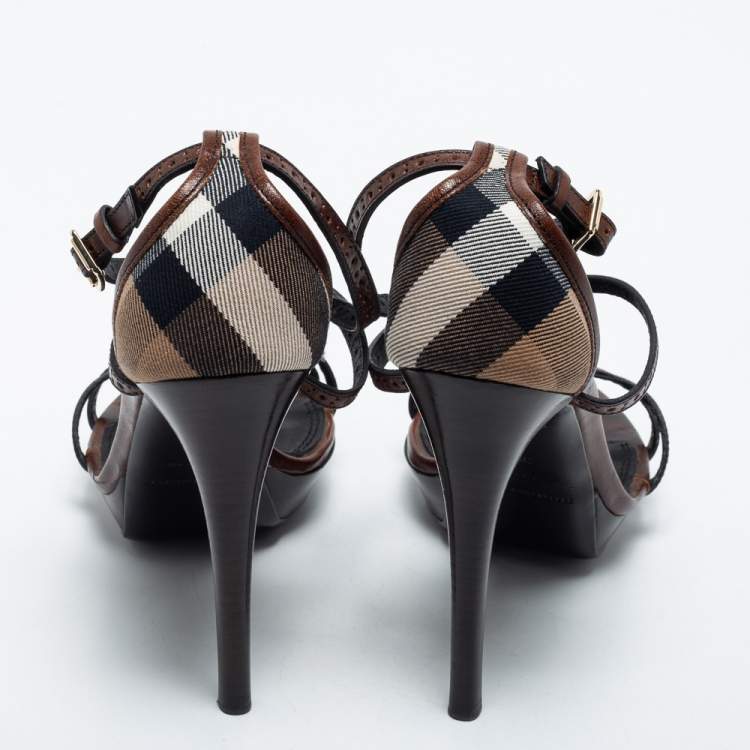 Pre Owned Burberry Brown Leather T Strap Sandal Size 38