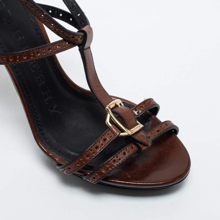 Pre Owned Burberry Brown Leather T Strap Sandal Size 38