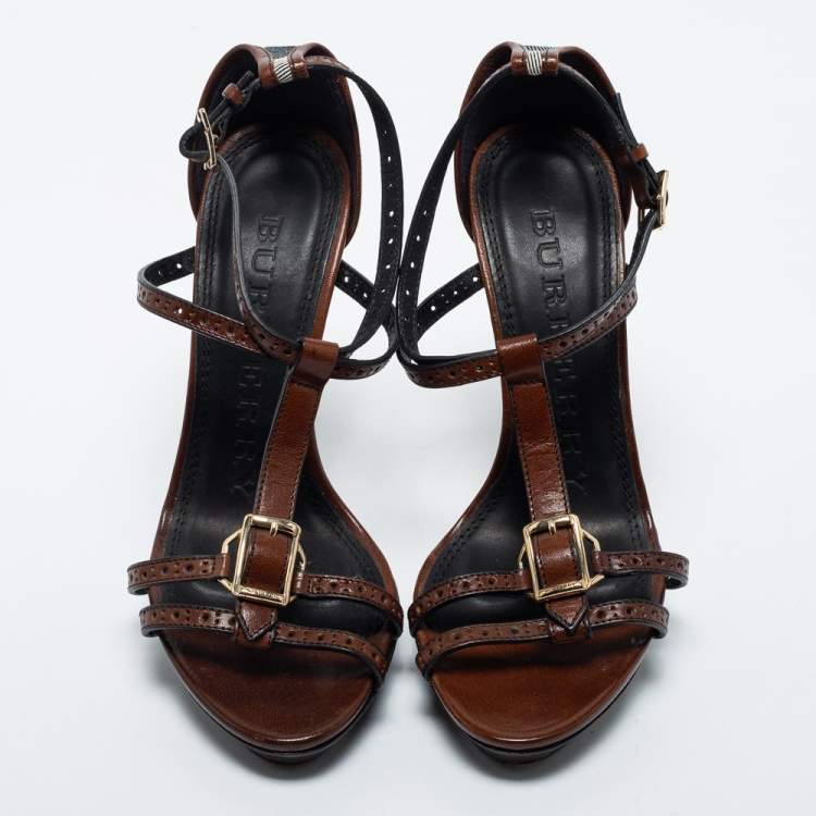 Pre Owned Burberry Brown Leather T Strap Sandal Size 38