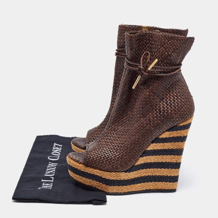 Pre Owned Burberry Brown Woven Leather Ankle Length Boots Size 39.5