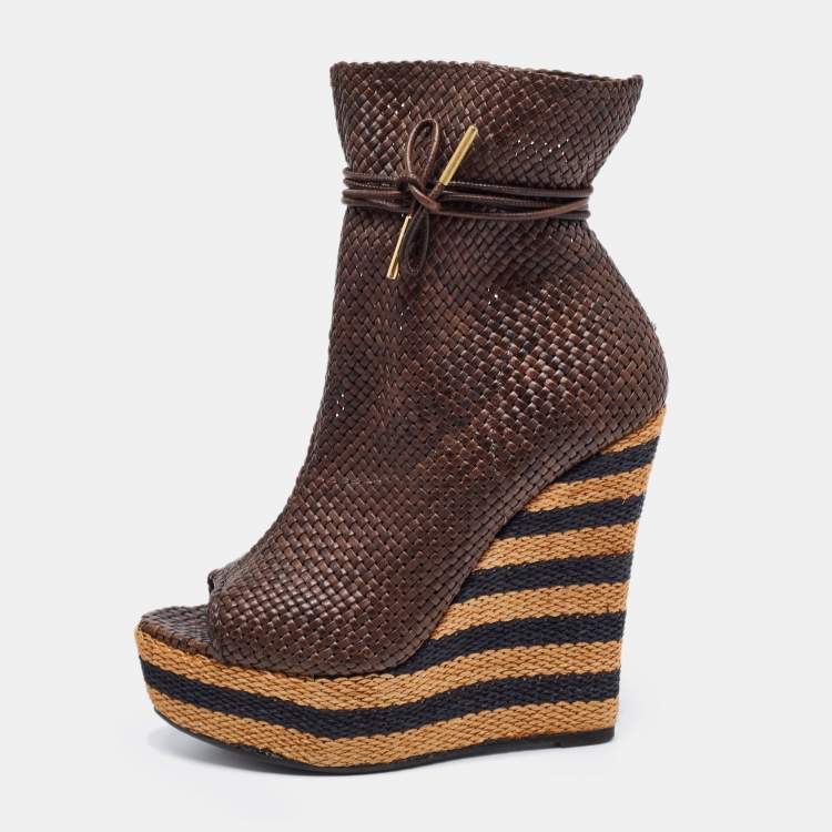 Pre Owned Burberry Brown Woven Leather Ankle Length Boots Size 39.5