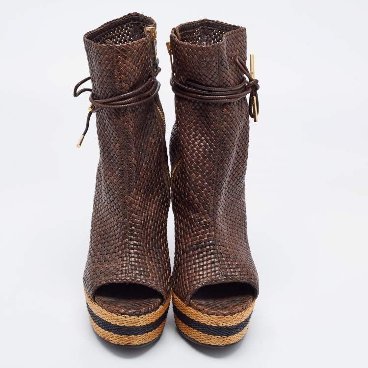 Pre Owned Burberry Brown Woven Leather Ankle Length Boots Size 39.5