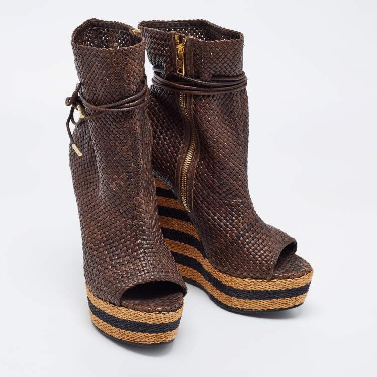 Pre Owned Burberry Brown Woven Leather Ankle Length Boots Size 39.5