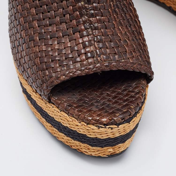 Pre Owned Burberry Brown Woven Leather Ankle Length Boots Size 39.5