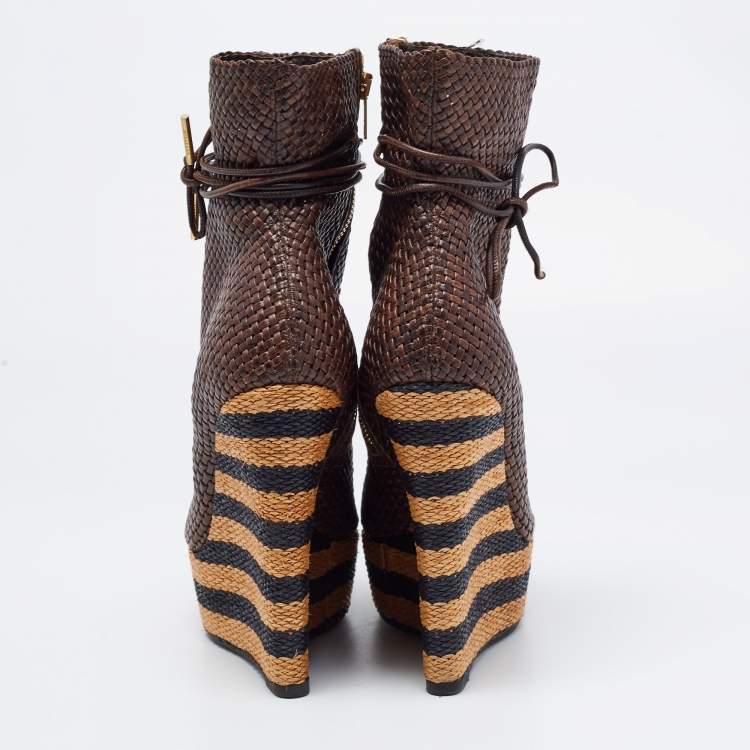 Pre Owned Burberry Brown Woven Leather Ankle Length Boots Size 39.5