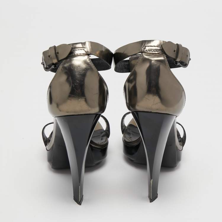Pre Owned Burberry Bronze/Beige House Check Canvas And Leather Ankle Strap Sandals Size 39