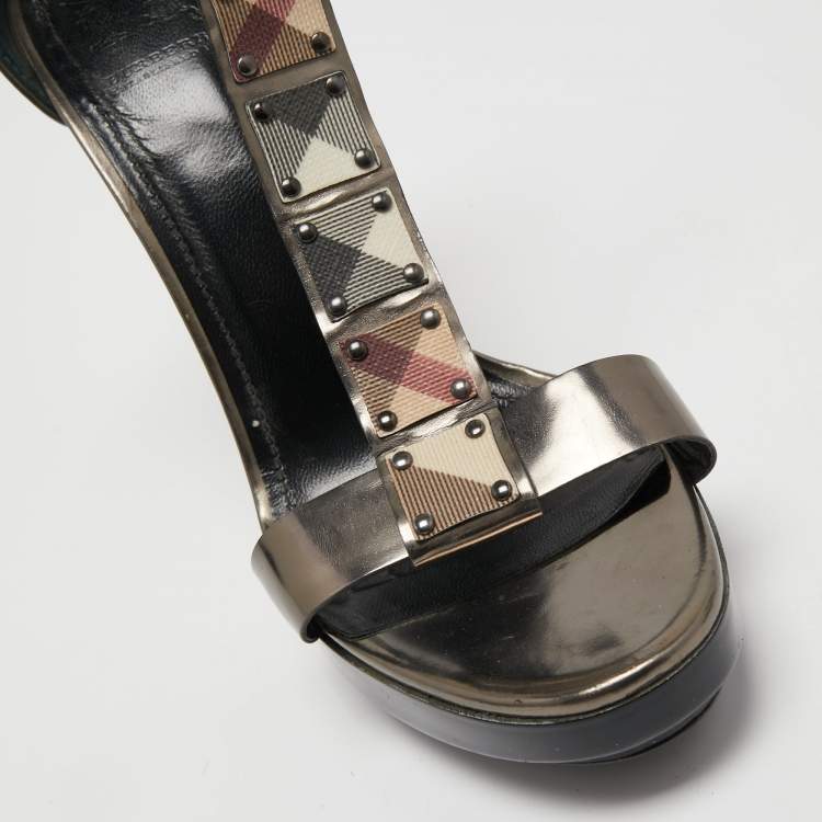 Pre Owned Burberry Bronze/Beige House Check Canvas And Leather Ankle Strap Sandals Size 39