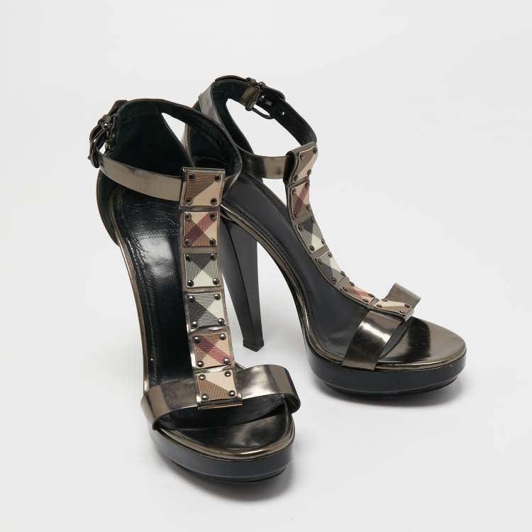 Pre Owned Burberry Bronze/Beige House Check Canvas And Leather Ankle Strap Sandals Size 39