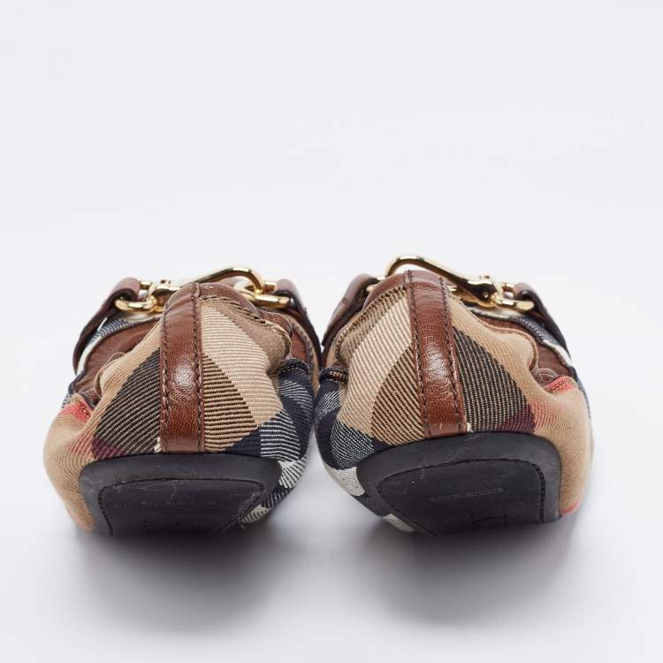 Pre Owned Burberry Beige/Black Leather And Canvas Ballet Flats Size 39
