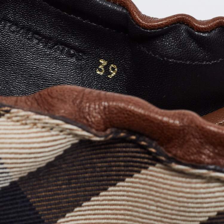 Pre Owned Burberry Beige/Black Leather And Canvas Ballet Flats Size 39