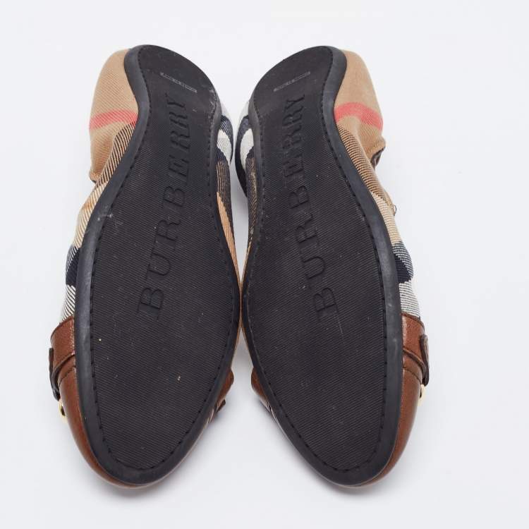 Pre Owned Burberry Beige/Black Leather And Canvas Ballet Flats Size 39