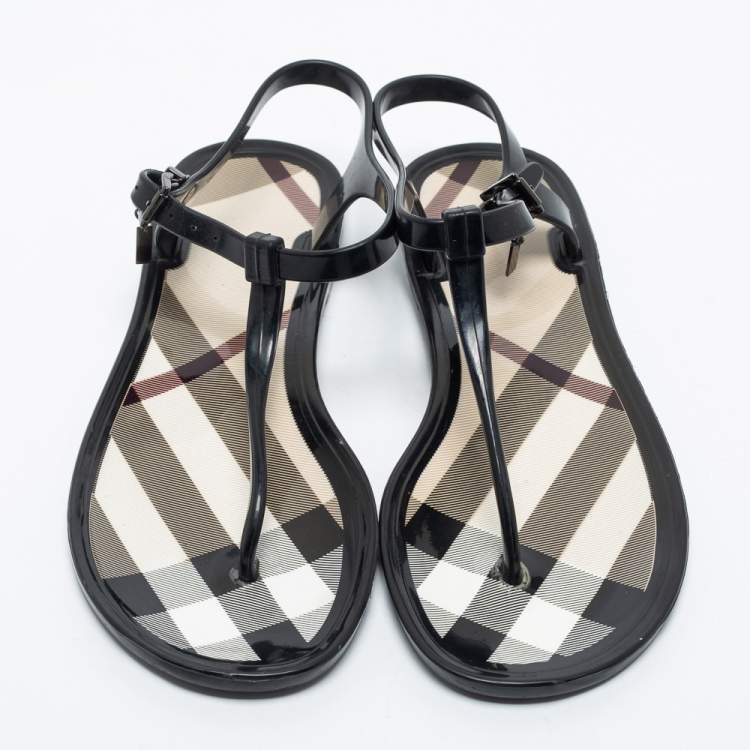 مملوكة مسبقًا Burberry Black House Check Rubber Flat Sandals Size 37