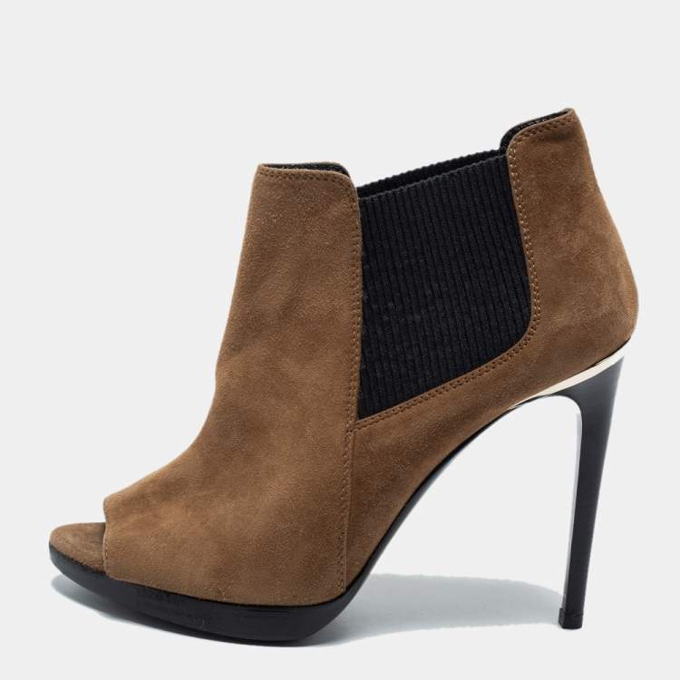 Pre Owned Burberry Brown Suede Peep Toe Ankle Booties Size 38