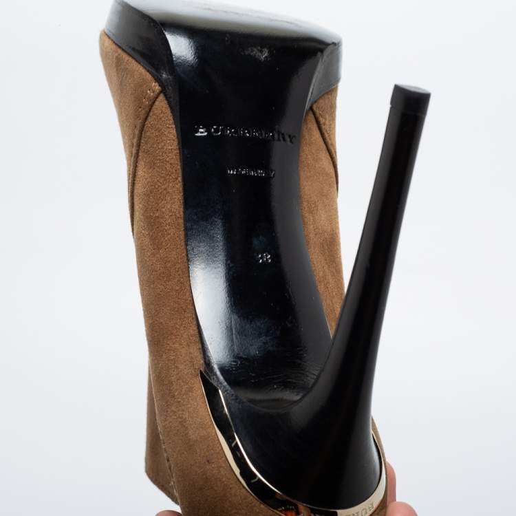 Pre Owned Burberry Brown Suede Peep Toe Ankle Booties Size 38