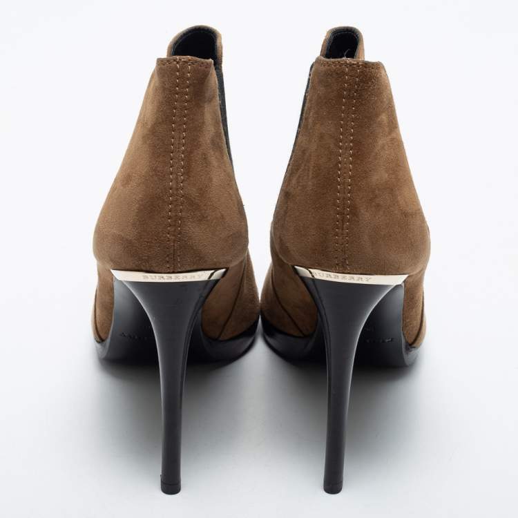 Pre Owned Burberry Brown Suede Peep Toe Ankle Booties Size 38