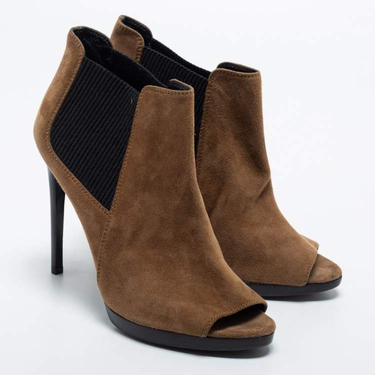 Pre Owned Burberry Brown Suede Peep Toe Ankle Booties Size 38