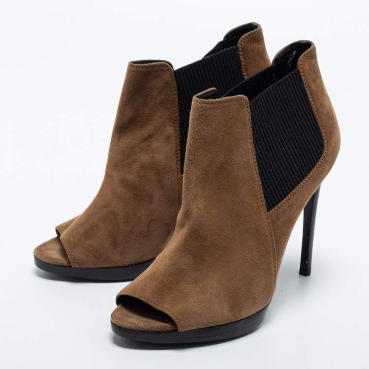 Pre Owned Burberry Brown Suede Peep Toe Ankle Booties Size 38