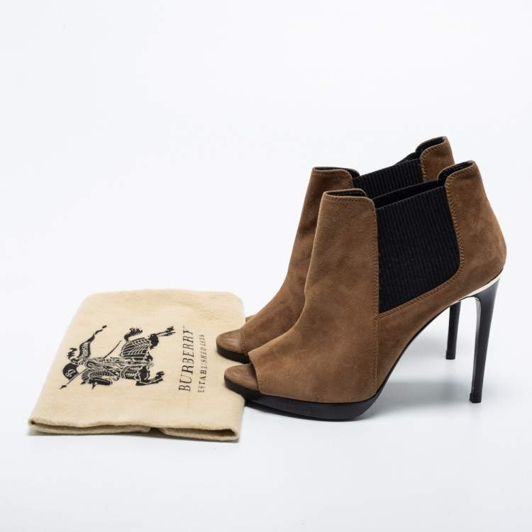 Pre Owned Burberry Brown Suede Peep Toe Ankle Booties Size 38