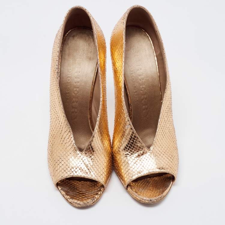 Pre Owned Burberry Metallic Embossed Snakeskin Peep Toe Pumps Size 39