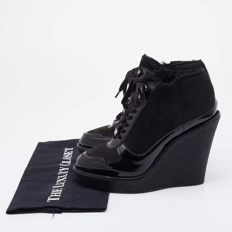 Pre Owned Burberry Black Suede and Patent Leather Wedge Platform Sneakers Size 39