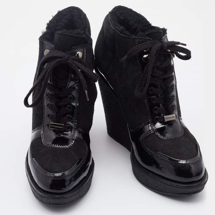 Pre Owned Burberry Black Suede and Patent Leather Wedge Platform Sneakers Size 39