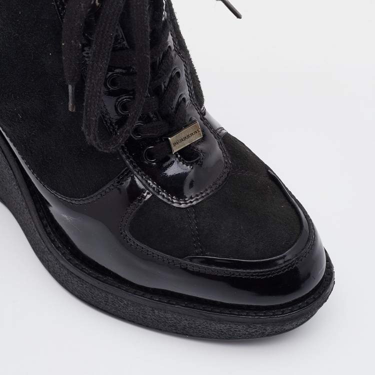 Pre Owned Burberry Black Suede and Patent Leather Wedge Platform Sneakers Size 39