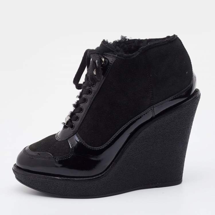 Pre Owned Burberry Black Suede and Patent Leather Wedge Platform Sneakers Size 39