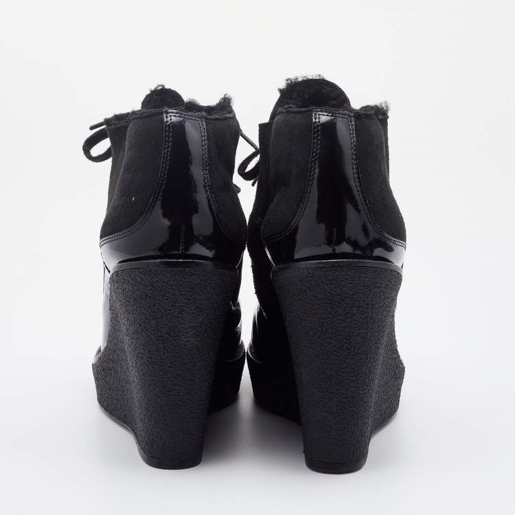 Pre Owned Burberry Black Suede and Patent Leather Wedge Platform Sneakers Size 39