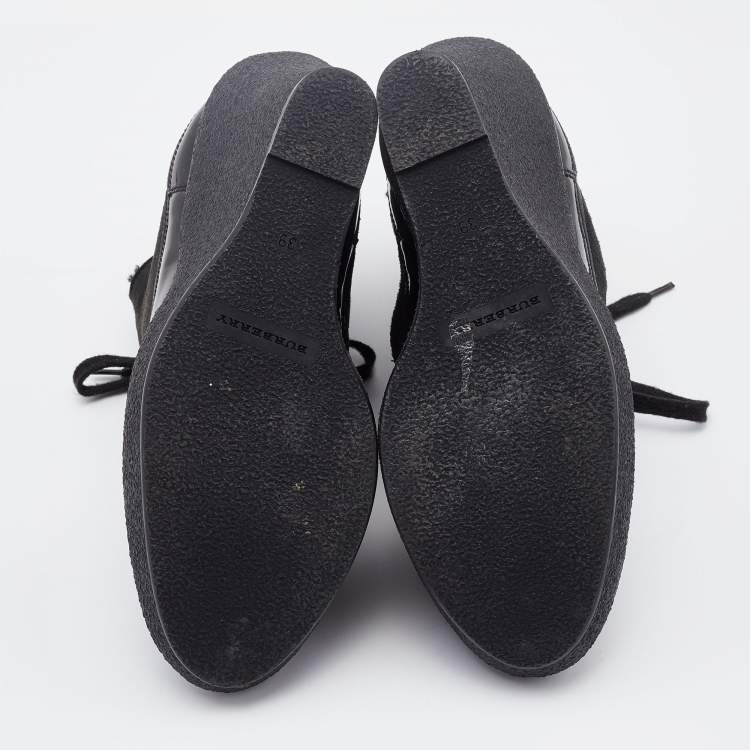 Pre Owned Burberry Black Suede and Patent Leather Wedge Platform Sneakers Size 39
